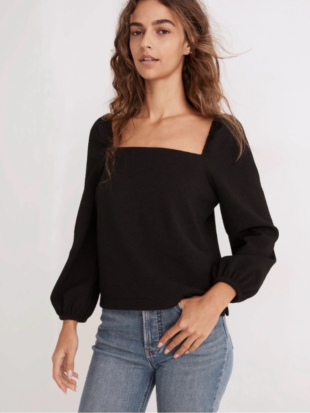 Madewell Crepe Square-Neck Puff-Sleeve Top small